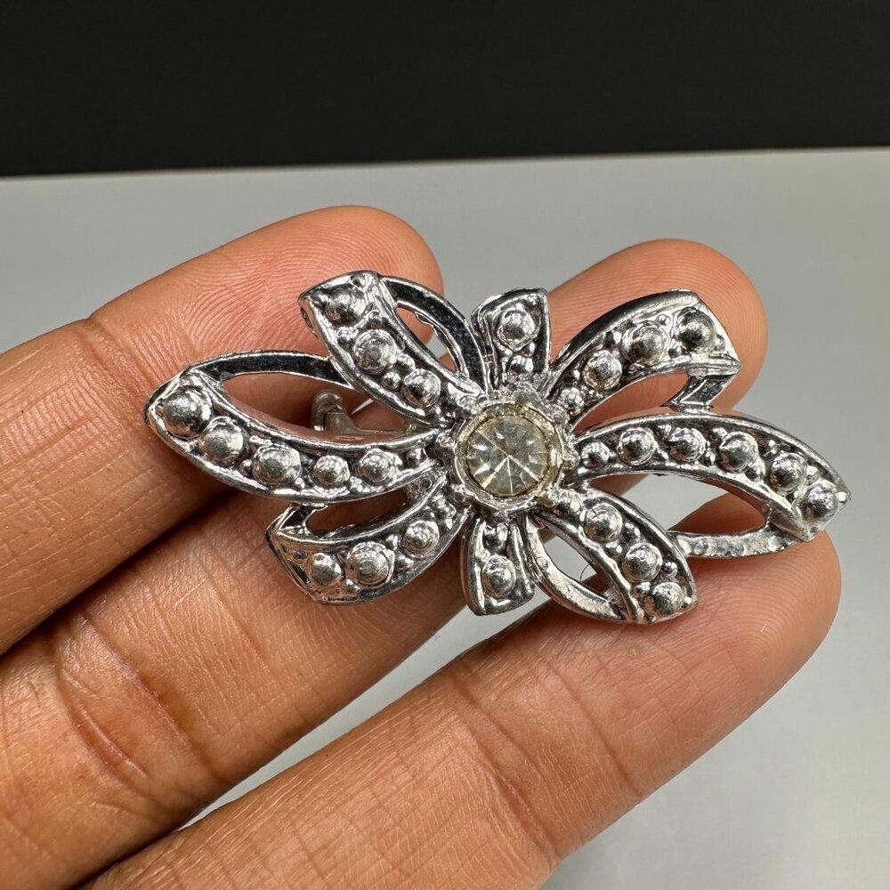 3/$30 Vintage Rhinestone Bow Brooch Silver Tone Textured Floral Ribbon Pin